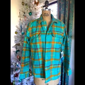 OBEY organic men’s M cotton plaid rustic MOD Jacket/shirt, aqua/orange